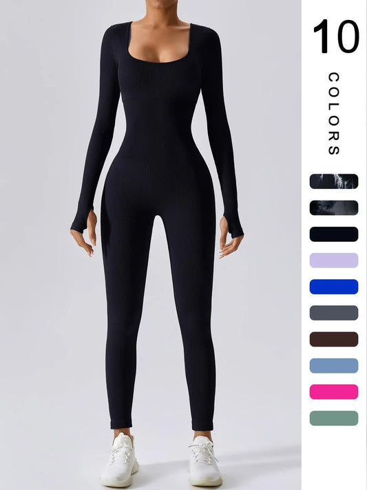 Women'S Solid Ribbed Long Sleeve Sports Playsuit Tummy Control Jumpsuit, Workout Ribbed Long Sleeve Exercise Bodycon Jumpsuit, Seamless Jumpsuits One-Piece Yoga Suit, Summer Outfits 2024, Stretchable Activewear